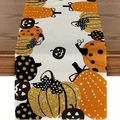 Linen table runner with autumn harvest pumpkin patterns and black bows for fall decor - 33cm*90cm