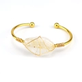 Detailed view of handmade gold wire-wrapped clear natural crystal stone open bangle - White Crystal