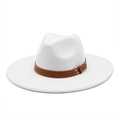 Close-up of white wool fedora hat with brown leather band and silver metal rivets - M (56-58cm) / White
