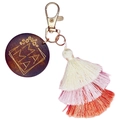 Detail of Bohemian MAMA wooden keychain with multi-color gradient tassel and gold clasp - Cream, Pink and Orange