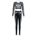 Detail of black mesh patchwork on long sleeve crop top and high waist faux leather pants - S / Black Top