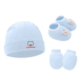 Detail view of light blue baby hat, socks, and gloves with cute bear embroidery details - Light Blue Bear - 3-Piece Set