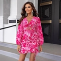 Pink floral V-neck long sleeve slim fit mini dress with ruffles for women - XS / Red