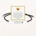 Close-up of woven rope bracelet with 'Just breathe' engraved metal bar on a gift card - Just Breathe Silver Bar Coffee Rope With Card