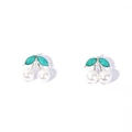 Cute 3D cherry stud earrings with white faux pearls and green leaves on silver pins - Faux Pearl / White