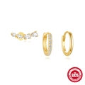 Three-piece S925 sterling silver hoop and stud earring set with zircons in gold finish - 3-Piece Set Gold #1 (Hoops + Zirconia Ear Crawler)