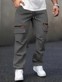 Men's dark grey cargo pants with orange zipper detail and multi-pocket street style - S / Dark Gray