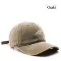 Distressed khaki washed cotton baseball cap with white wave embroidery - Khaki