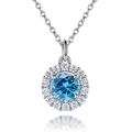 S925 sterling silver halo necklace with a round blue gemstone and white zircon pendant - Aquamarine Blue 【White Gold】