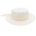 Detailed texture of woven raffia sun hat with champagne satin ribbon and bow - One Size / White