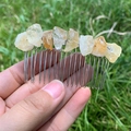 Handmade silver hair comb with natural raw yellow crystal stones on outdoor grass - Citrine Silver Comb Silver Wire