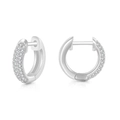 Macro shot of silver hoop earrings with pavé set cubic zirconia and polished metal finish - Silver + White Zirconia