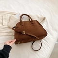Dark brown suede tote bag with top handle and gold studs on a soft white fabric - Small (Suede) / Brown