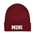 Close-up of wine red knitted beanie with white MINI letter embroidery detail - Kids Style(MINI) / Fuschia