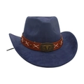 Dunkelblauer Westernhut mit braunem Lederband und metallischem Bullenschädel-Verzierungen - Einheitsgröße / Marineblau