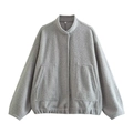Chaqueta bomber gris de borreguillo para mujer con cuello alto y bolsillos grandes - S / Gris claro