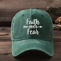 Close-up of white Faith over Fear embroidery on a forest green washed cotton baseball cap - Dark Green