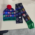 Navy Christmas knitted set with LED lights featuring reindeer and Santa Claus motifs - Christmas Clown-Set