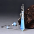 Hexagonal opalite crystal pendant with silver ornate filigree cap and blue bead chain - Silver Opalite
