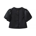 Detail of elegant black satin puff sleeve top with a decorative neck button and glossy finish - S / Black
