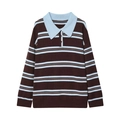 Jersey polo clásico de manga larga a rayas con base marrón y cuello en azul claro - S / Raya Azul