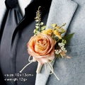 Pink artificial rose boutonniere with green leaves and twine bow for wedding attire - Caramel color