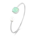 Bracciale rigido a C argento con pietra quadrata verde menta e dettaglio perla bianca - Verde Menta + Argento