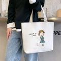 White canvas tote bag with cartoon girl and cat print for casual daily use - White Milk Tea Girl