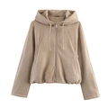 Women's khaki faux suede hooded bomber jacket with full zip and elastic hem - XS / Khaki