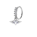 Silver teardrop heart zircon nose ring with feather charm and polished finish - Heart Wing