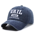 Casquette rétro en denim délavé bleu marine avec broderie blanche 1962 VAIL élégante - Bleu marine