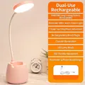 Pink LED desk lamp with pen holder, phone stand and flexible neck for study - Pink [XH4000 Rechargeable] Dimmable & Color Change + Cable