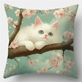Niedlicher Kissenbezug mit weißer Katze und Kirschblüten auf blaugrünem Stoff - Stil 15 / 45*45cm (Ohne Kern)