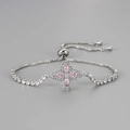 Adjustable silver bracelet with pink zircon flower pendant and glittering crystal accents - Silver Pink Zirconia
