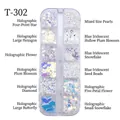 Detail of T-302 nail art kit with 12 slots of mixed glitter, sequins and white pearls - T-302 (Pearl Flower Butterfly)