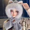 Bufanda con capucha gris gruesa con orejas de gato y guantes integrados para el invierno - Juego de 2 piezas con relieve de piel de zorro / Gris
