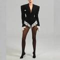 Slim fit V-neck bodysuit with contrast white lace trim and padded shoulders in black - S / Black