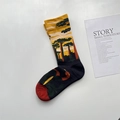 Artistic cotton crew socks featuring forest landscape and snake pattern with red toe - One Size / Baobab Tree