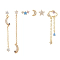 Set di orecchini dorati con stelle, lune, zirconi colorati e catene pendenti lunghe - Oro