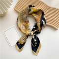 Retro yellow and black silk square scarf with floral pattern tied in a stylish bow - Floral Chariot Pattern