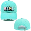 Detailed front and back views of mint green MAMA chenille patch distressed baseball cap - Lake Blue with Colorful MAMA Patch