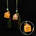 Hollow wooden sachet pendant with green tassel and detailed mythical beast carving - With One Bottle of Aroma Pills / Sandalwood Square Dragon Style (15) / 3x2.3cm / Wood Color