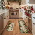Christmas kitchen rug set with pine needles and red berries on light beige background - 40*60+40*120cm [Set] / Pine Branch & Red Berries Design (Christmas Set-2)