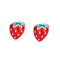 Cute S999 silver red strawberry stud earrings with green leaf details on white background - Silver Screw Back / Silver