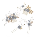 Elegant bridal hair accessories set with blue fabric flowers, pearls and gold leaves - Blue