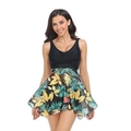 Costume da bagno nero con scollo a V e gonna con stampa di foglie tropicali - Q2323 Gonna in Mesh Nera