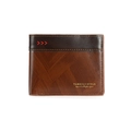 Slim bifold brown leather men's wallet with wood grain pattern and logo on white background - Light Coffee
