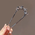 Elegant silver U-shaped hair pin with ginkgo leaf design, pearls, and rhinestones - Gun Black Ginkgo Leaf Double Fork - Gun Gray