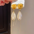 Elegant gold rose stud earrings with large white teardrop pearl and tassel detail - Gold Rose Pearl Tassel (48# Silver Earring Post)