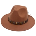 Close-up of caramel wool fedora with bohemian leather band and metal shell accents - M (56-58cm) / Khaki